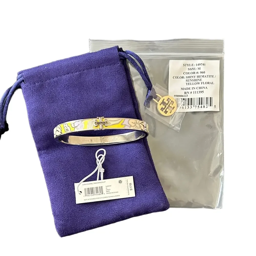Tory Burch Silver with Yellow Floral Kira Enamel 7mm Bracelet NWT Style 149741